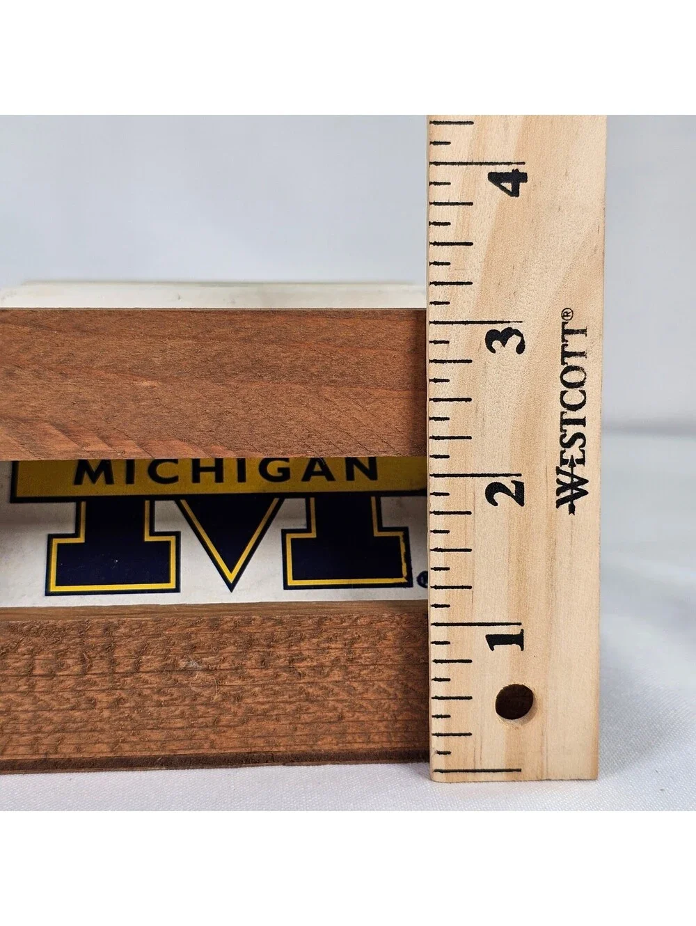 Vtg Michigan Wolverines Coaster Set of 4 w/ Rustic Wood Crate Holder Farm Fresh